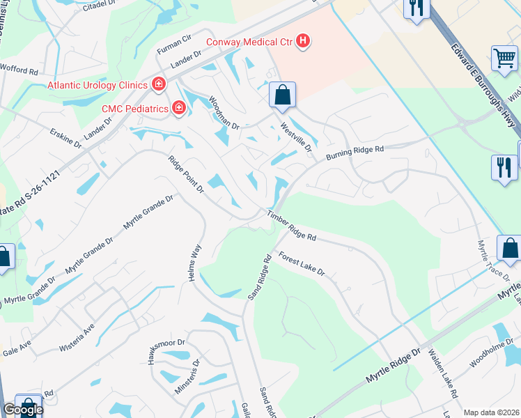 map of restaurants, bars, coffee shops, grocery stores, and more near 8136 Timber Ridge Road in Conway