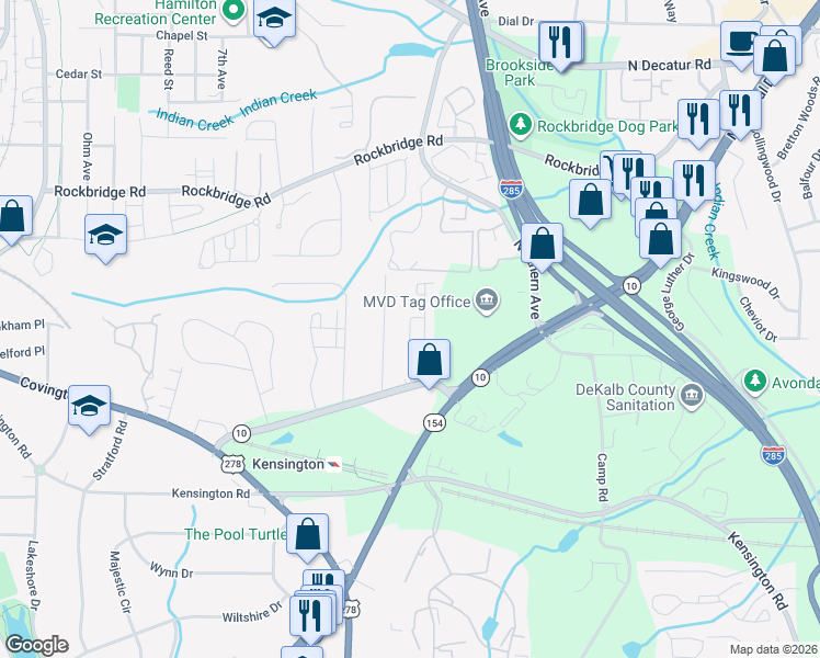 map of restaurants, bars, coffee shops, grocery stores, and more near 3458 Mountain Drive in Decatur