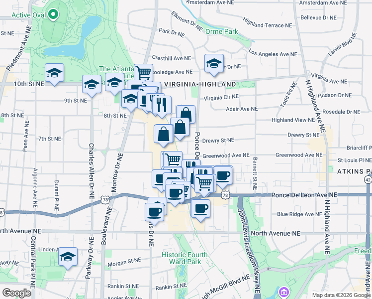 map of restaurants, bars, coffee shops, grocery stores, and more near 805 Highland Green Way Northeast in Atlanta