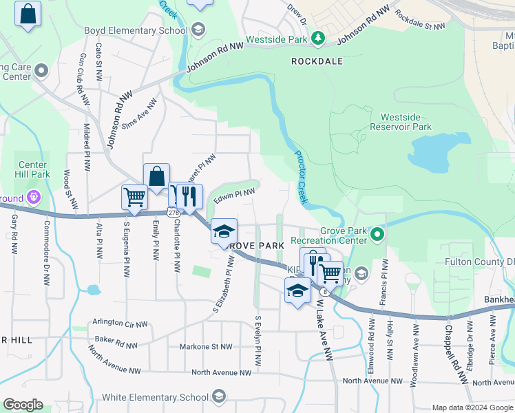 map of restaurants, bars, coffee shops, grocery stores, and more near 801 North Evelyn Place Northwest in Atlanta