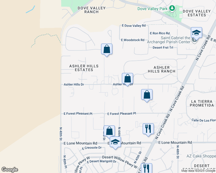 map of restaurants, bars, coffee shops, grocery stores, and more near 4317 Ashler Hills Drive in Cave Creek