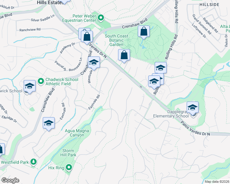 map of restaurants, bars, coffee shops, grocery stores, and more near 9 Middleridge Lane South in Rolling Hills