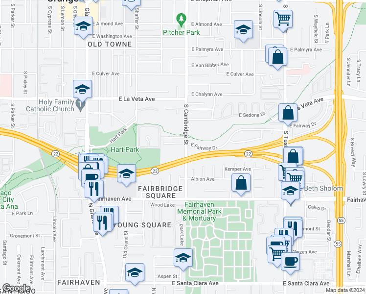map of restaurants, bars, coffee shops, grocery stores, and more near 848 East Fairway Drive in Orange