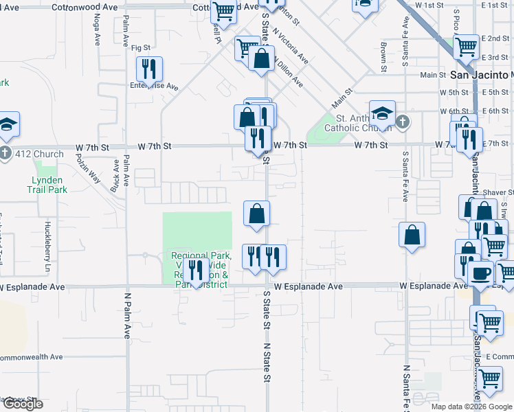 map of restaurants, bars, coffee shops, grocery stores, and more near 1060 South State Street in San Jacinto