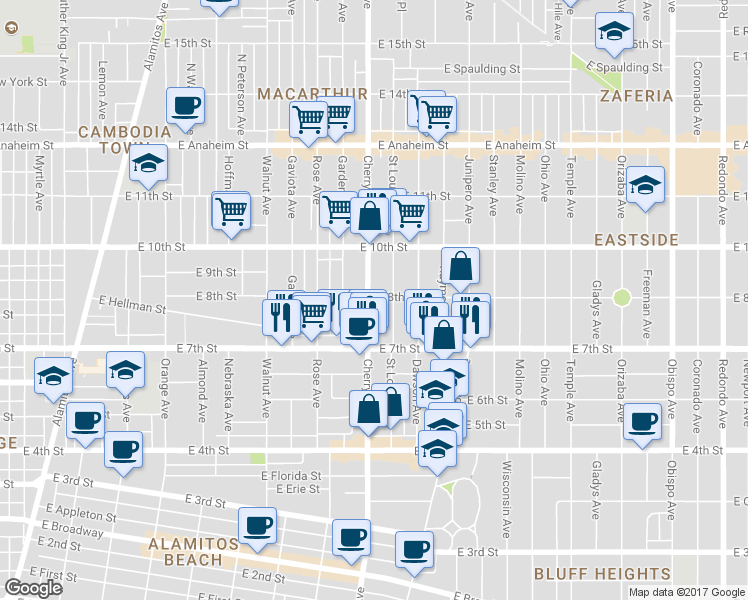 map of restaurants, bars, coffee shops, grocery stores, and more near 796 Cherry Avenue in Long Beach