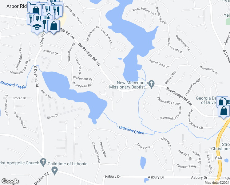 map of restaurants, bars, coffee shops, grocery stores, and more near 640 Windchase Place in Lithonia