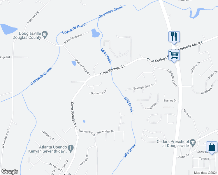 map of restaurants, bars, coffee shops, grocery stores, and more near 6288 Gothards Lane in Douglasville