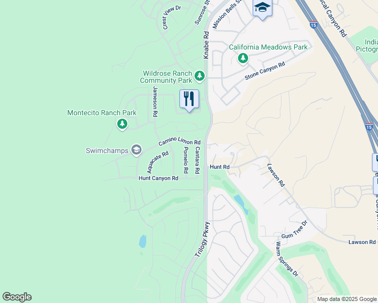 map of restaurants, bars, coffee shops, grocery stores, and more near 23590 Pomelo Road in Corona