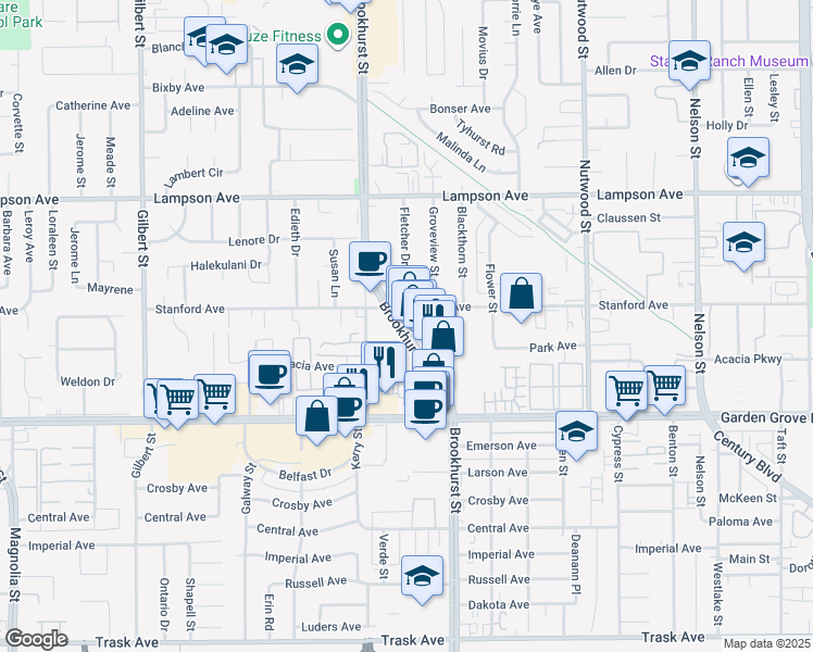 map of restaurants, bars, coffee shops, grocery stores, and more near 12766 Brookhurst Street in Garden Grove