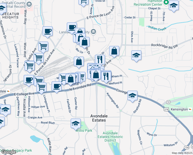 map of restaurants, bars, coffee shops, grocery stores, and more near 10 North Clarendon Avenue in Avondale Estates