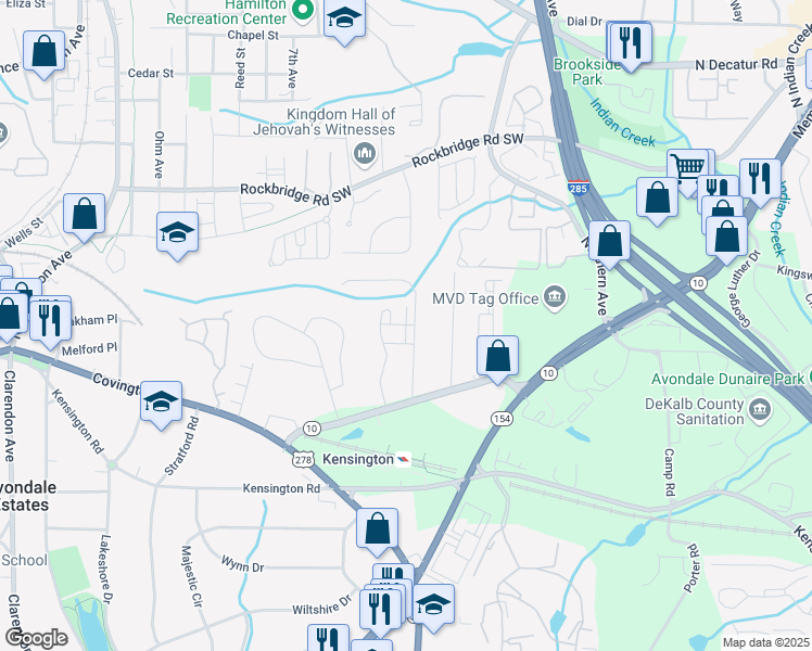 map of restaurants, bars, coffee shops, grocery stores, and more near Harrington Hills in DeKalb County