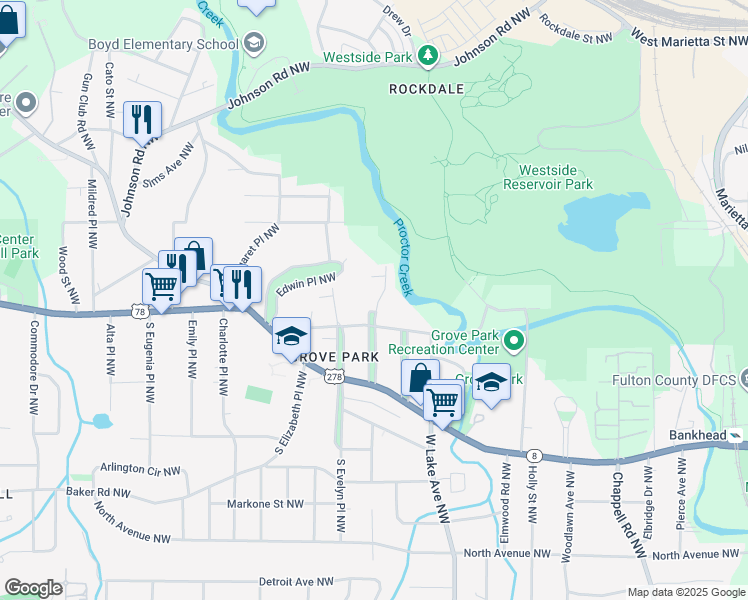 map of restaurants, bars, coffee shops, grocery stores, and more near 811 Gertrude Place Northwest in Atlanta