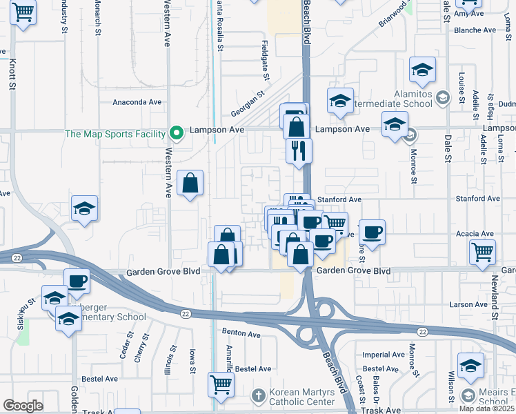 map of restaurants, bars, coffee shops, grocery stores, and more near 12660 Briarglen Loop in Stanton