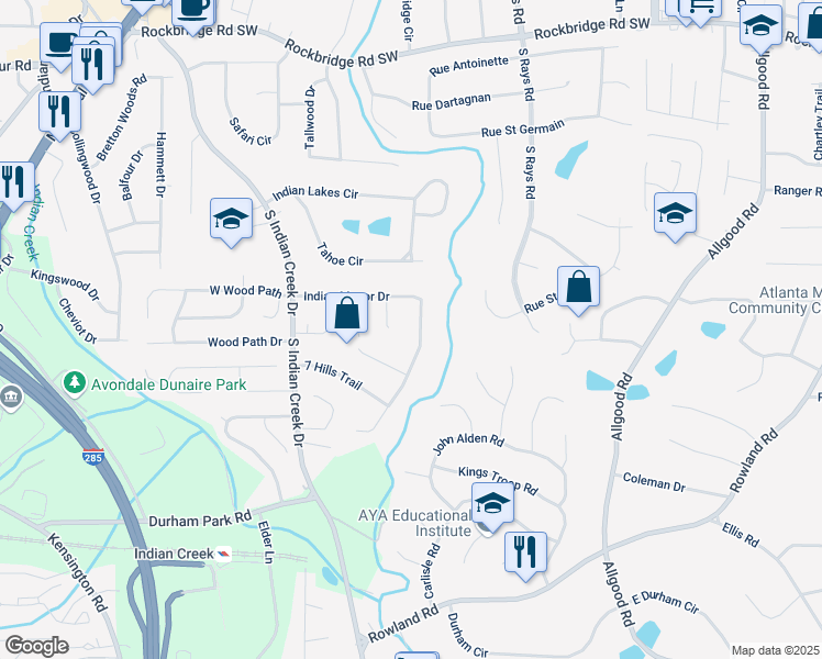 map of restaurants, bars, coffee shops, grocery stores, and more near 4145 Indian Manor Drive in Stone Mountain