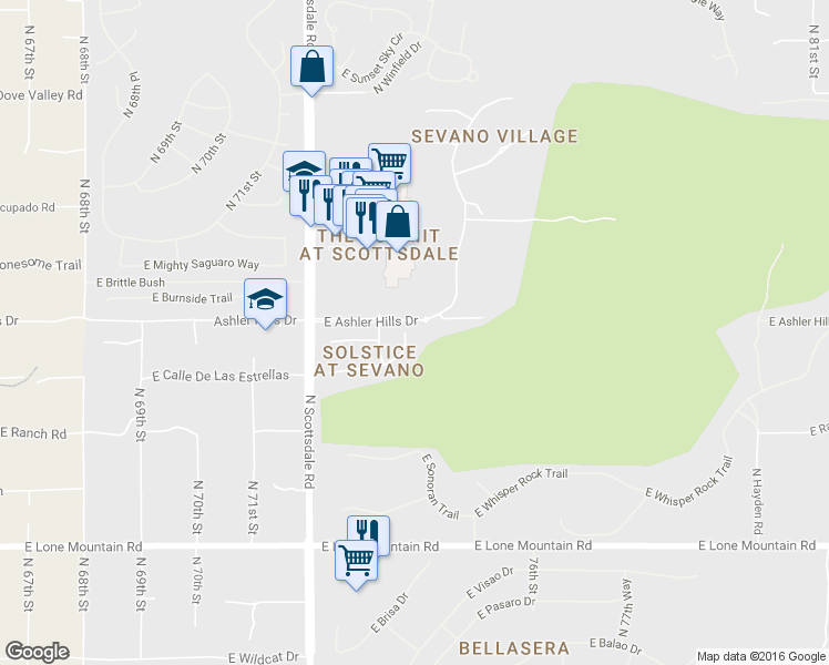 map of restaurants, bars, coffee shops, grocery stores, and more near 32134 North 73rd Place in Scottsdale