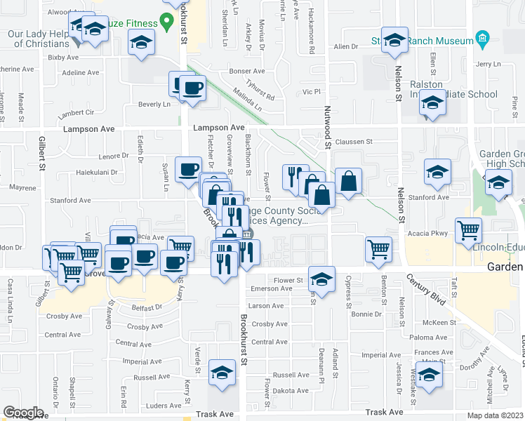 map of restaurants, bars, coffee shops, grocery stores, and more near 12811 Flower Street in Garden Grove