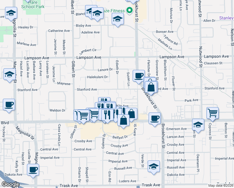 map of restaurants, bars, coffee shops, grocery stores, and more near 9802 Stanford Avenue in Garden Grove