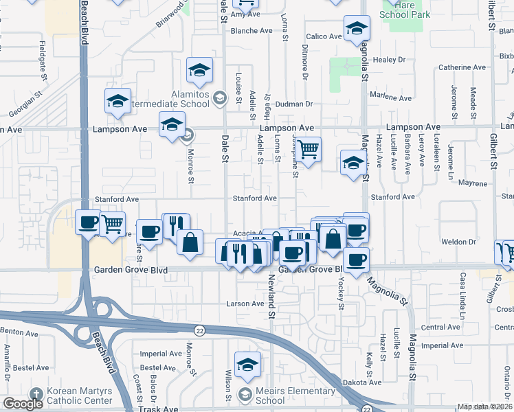 map of restaurants, bars, coffee shops, grocery stores, and more near 12772 Louise Street in Garden Grove