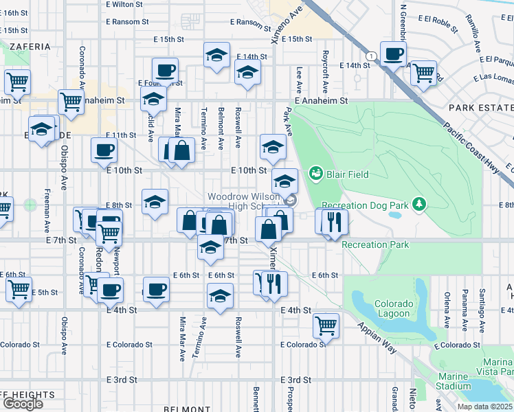 map of restaurants, bars, coffee shops, grocery stores, and more near 4222 East 8th Street in Long Beach