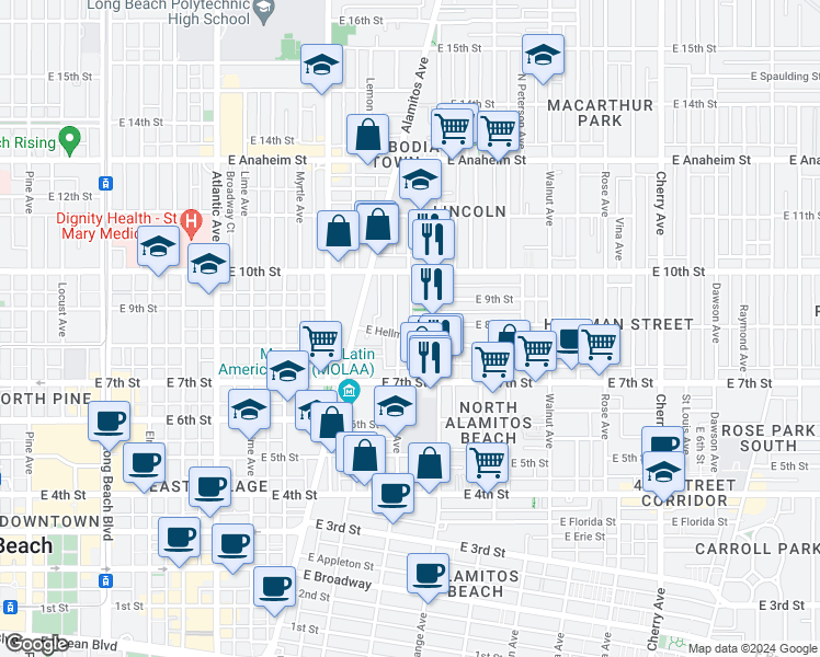 map of restaurants, bars, coffee shops, grocery stores, and more near 23 North San Pablo Court in Long Beach