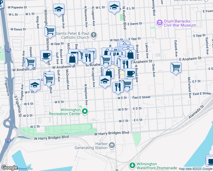 map of restaurants, bars, coffee shops, grocery stores, and more near 329 West F Street in Los Angeles