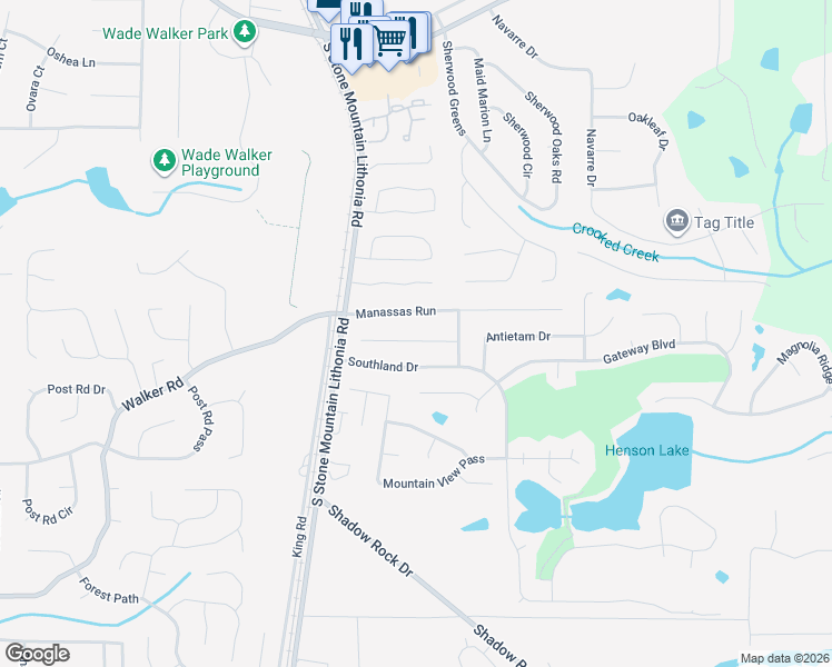 map of restaurants, bars, coffee shops, grocery stores, and more near 5622 Wilderness Trce in Stone Mountain