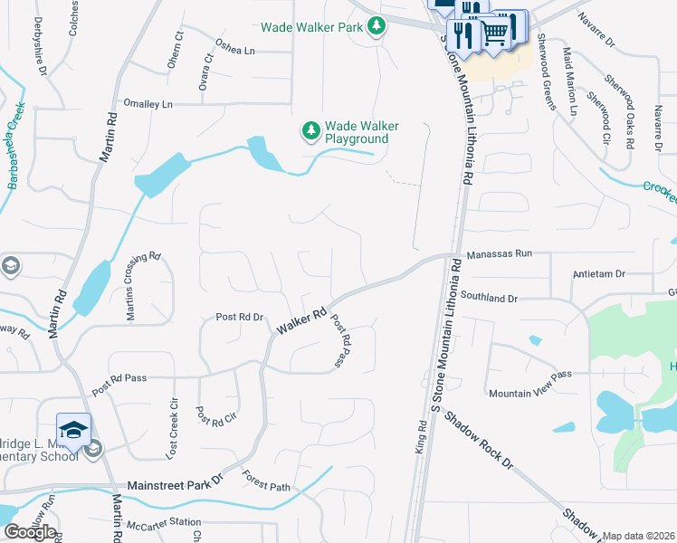 map of restaurants, bars, coffee shops, grocery stores, and more near 644 Granite Trce in Stone Mountain