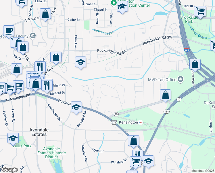 map of restaurants, bars, coffee shops, grocery stores, and more near 356 Pine Tree Circle in Decatur