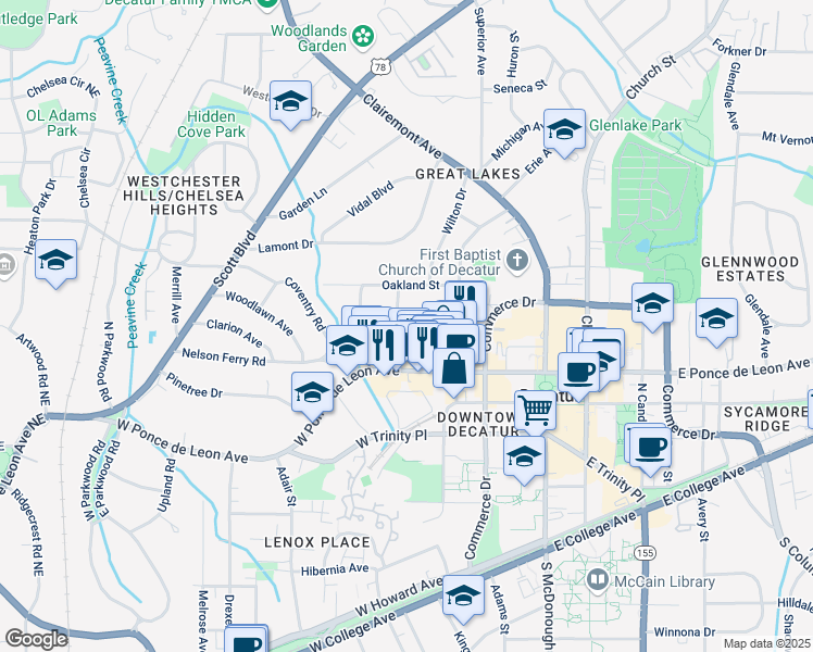map of restaurants, bars, coffee shops, grocery stores, and more near 233 Montgomery Street in Decatur