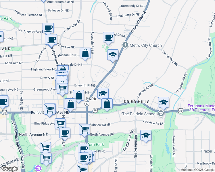 map of restaurants, bars, coffee shops, grocery stores, and more near 1231 Lullwater Park Circle in Atlanta