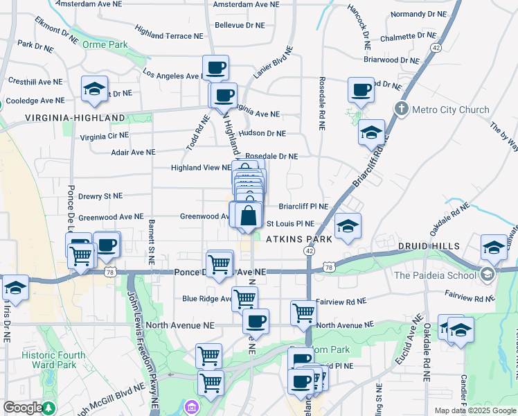 map of restaurants, bars, coffee shops, grocery stores, and more near in Atlanta