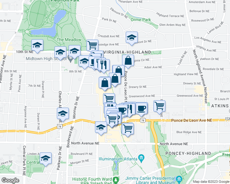 map of restaurants, bars, coffee shops, grocery stores, and more near 805 Highland Green Way Northeast in Atlanta