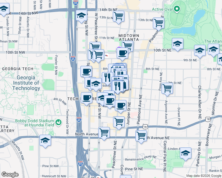 map of restaurants, bars, coffee shops, grocery stores, and more near 70 6th Street Northeast in Atlanta