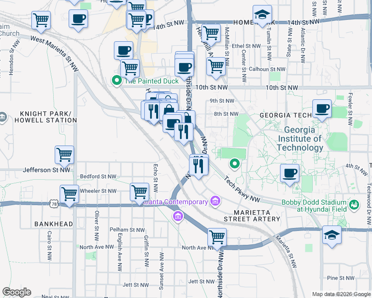 map of restaurants, bars, coffee shops, grocery stores, and more near 907 Marietta Street in Atlanta