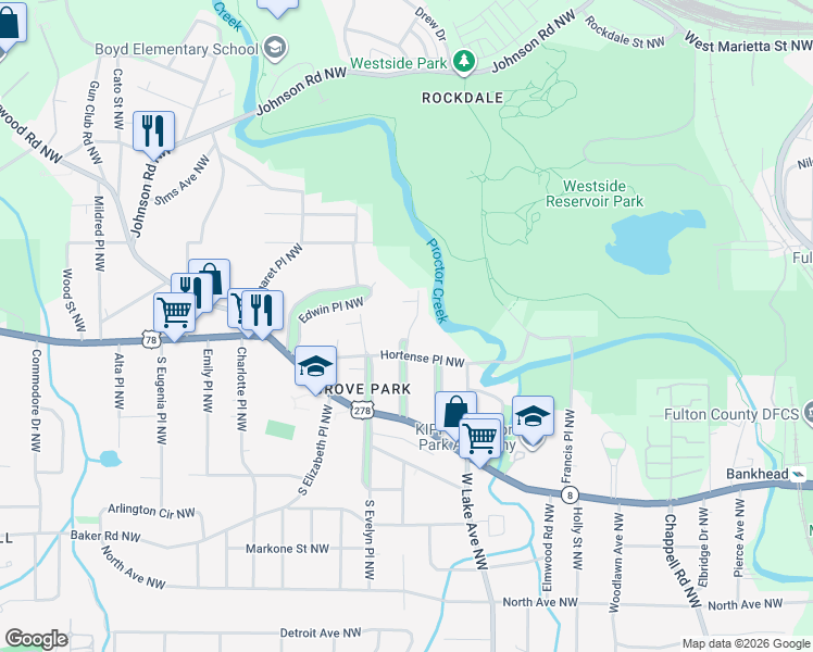 map of restaurants, bars, coffee shops, grocery stores, and more near 811 Gertrude Place Northwest in Atlanta