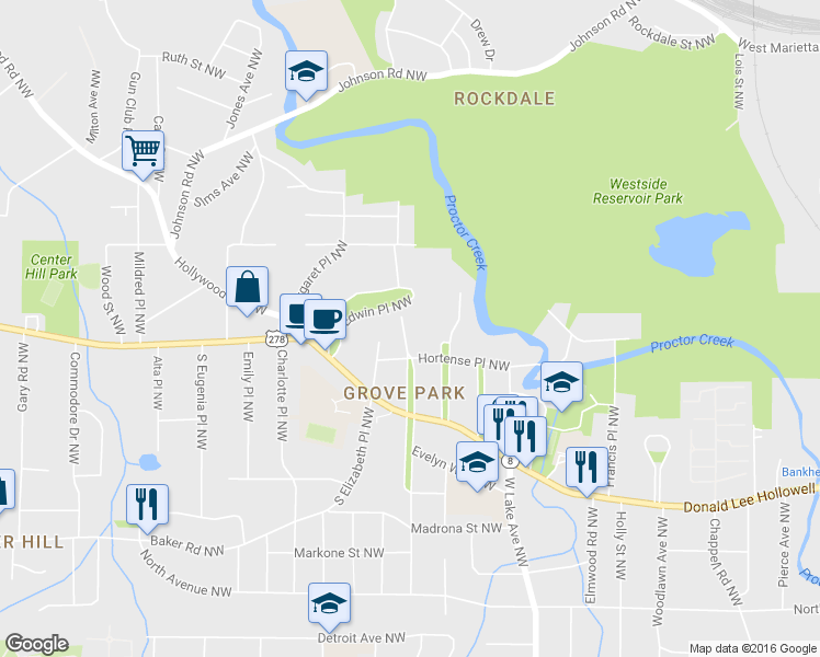 map of restaurants, bars, coffee shops, grocery stores, and more near 801 North Evelyn Place Northwest in Atlanta
