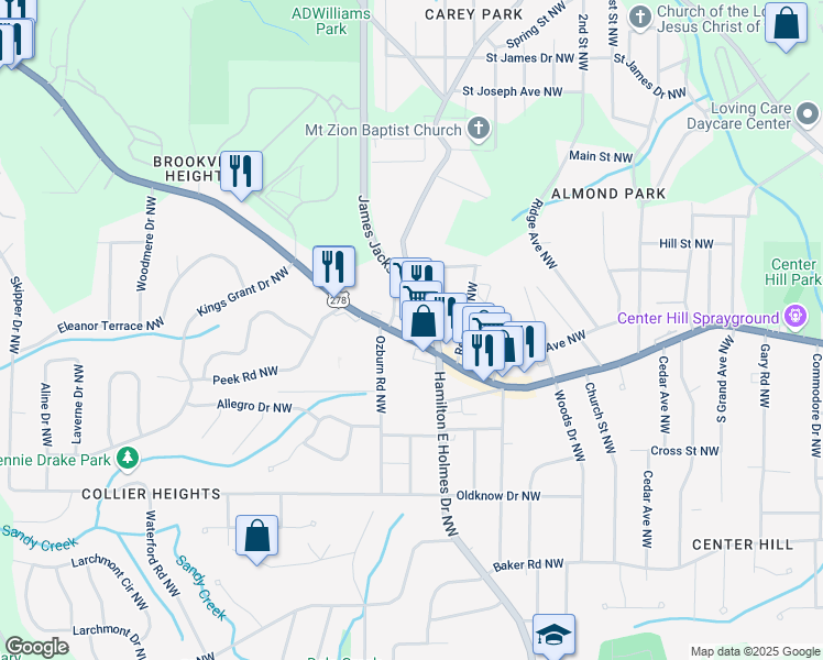 map of restaurants, bars, coffee shops, grocery stores, and more near 2667 Donald Lee Hollowell Parkway Northwest in Atlanta