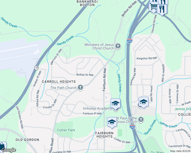 map of restaurants, bars, coffee shops, grocery stores, and more near 801 Bolton Road Northwest in Atlanta