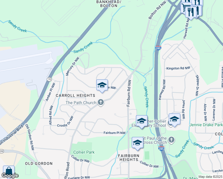 map of restaurants, bars, coffee shops, grocery stores, and more near 3518 Bolfair Drive Northwest in Atlanta