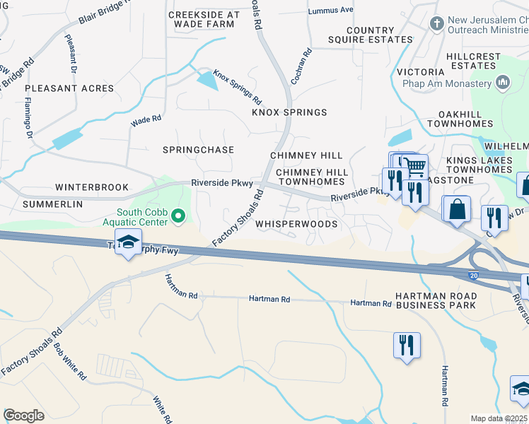 map of restaurants, bars, coffee shops, grocery stores, and more near 7249 Factory Shoals Road in Austell