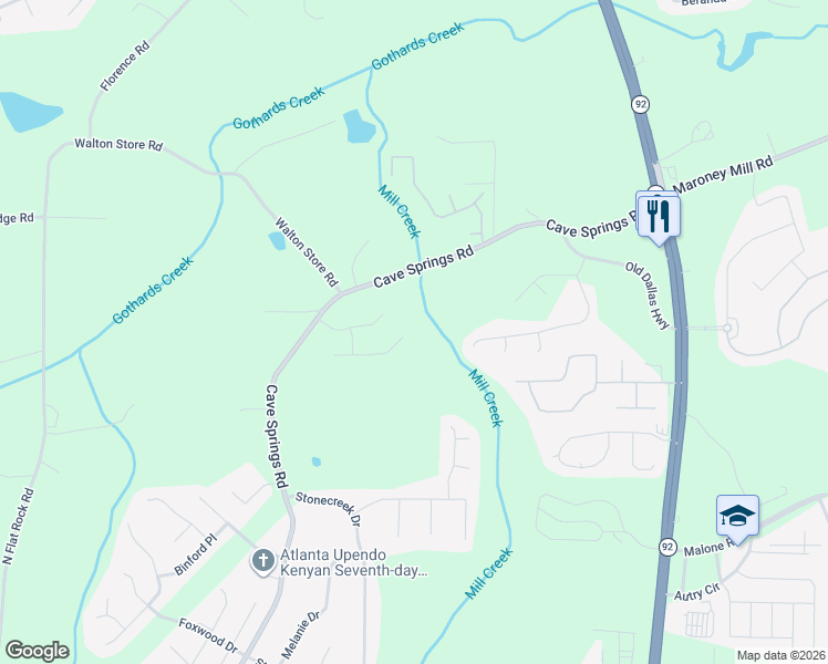 map of restaurants, bars, coffee shops, grocery stores, and more near 6288 Gothards Lane in Douglasville