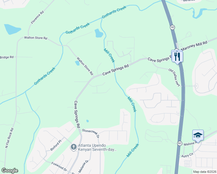map of restaurants, bars, coffee shops, grocery stores, and more near 6307 Gothards Lane in Douglasville