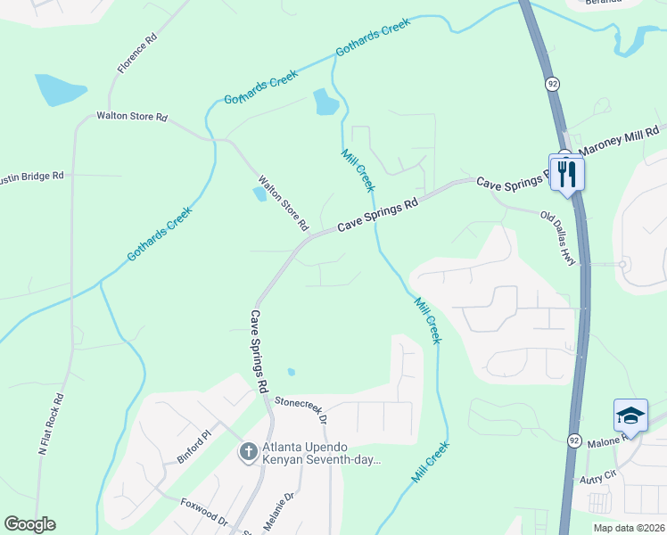 map of restaurants, bars, coffee shops, grocery stores, and more near 6345 Daniell Springs Drive in Douglasville