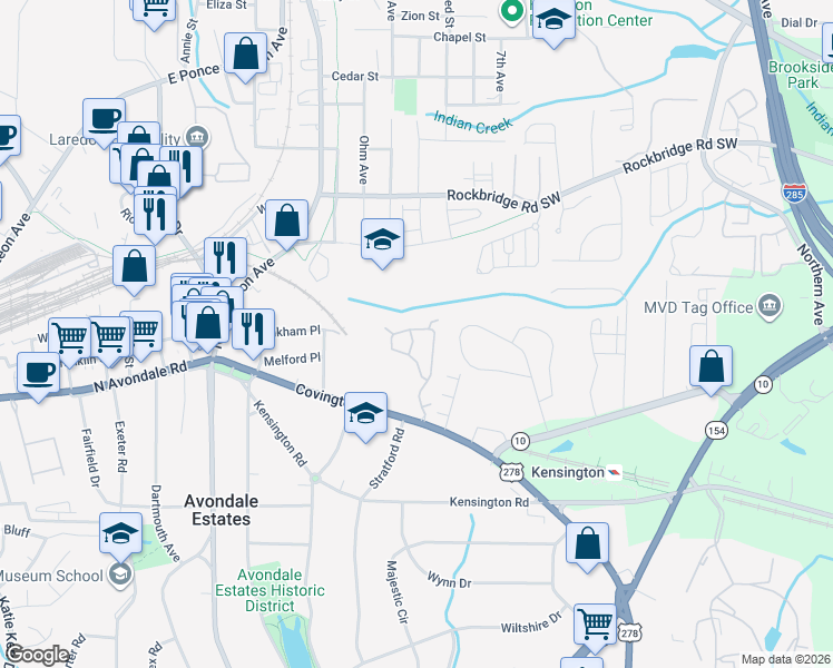 map of restaurants, bars, coffee shops, grocery stores, and more near 650 Stratford Green Way in Avondale Estates