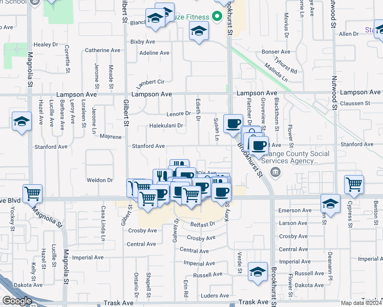 map of restaurants, bars, coffee shops, grocery stores, and more near 9792 Stanford Avenue in Garden Grove