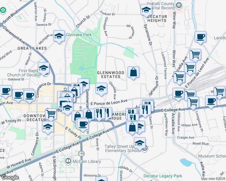 map of restaurants, bars, coffee shops, grocery stores, and more near 140 Glendale Avenue in Decatur