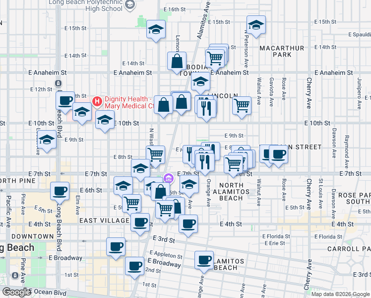 map of restaurants, bars, coffee shops, grocery stores, and more near 1053 East Hellman Street in Long Beach