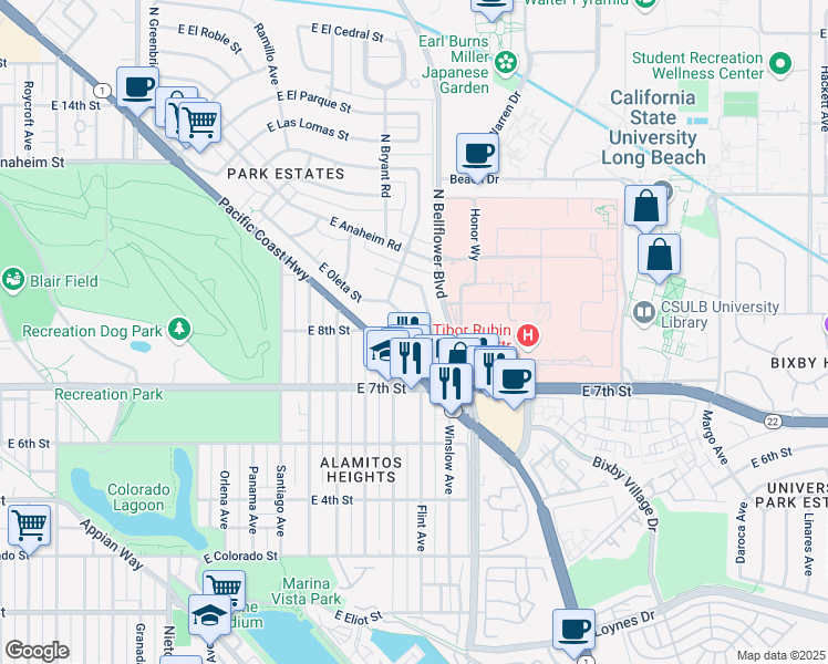 map of restaurants, bars, coffee shops, grocery stores, and more near 5590 East Oleta Street in Long Beach