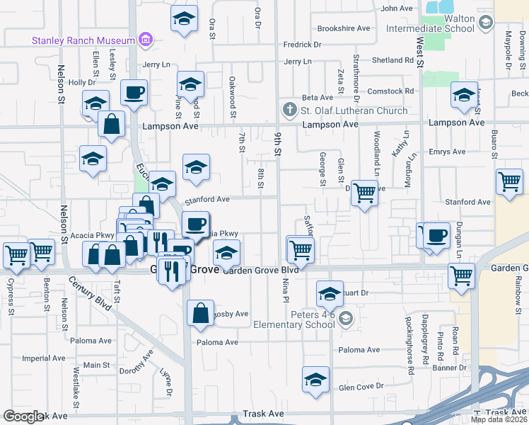 map of restaurants, bars, coffee shops, grocery stores, and more near 12792 8th Street in Garden Grove