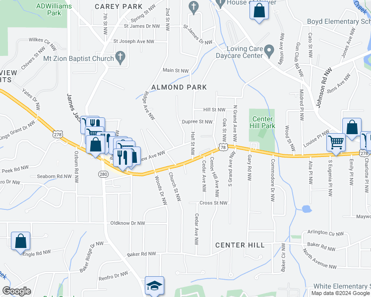 map of restaurants, bars, coffee shops, grocery stores, and more near 2434 Bellview Avenue Northwest in Atlanta